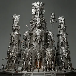 airbrush of 4 character, tiered flayed chromed mayan god machines, cluster tiered heirarchy, battle chaos, mainframe hydrocracking battles, medical chromed, dystopian, by wayne d barlowe, h r giger, fhang zu, jack gaughan, alex ross, enric torres, hyper realism, narrative light, muted colors, epic, hyper detailed, awe inspiring