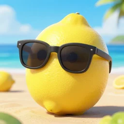 photo studio of lemon fruit wearing sunglasses on the beach, Pixar style, octane render, photo-realistic, ultra detailed, 8k, hyper realistic