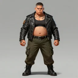 concept art of a masculine stocky buff fat filipino woman wearing leather jacket, cargo pants, tattoos, clothed!!!! buzzcut, snarl, badass, trending on art station