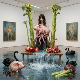 dripping, painting of a flooded modern art gallery and a tall emo girl, wasabi plants, art gallery interior, pig, waterfall, bench seat, nautilus, sensual, organic, pomegranates, holding a pig, octopus, zen, black swans, courgettes, berries, 1 6 mm lens, surrealist, by magritte and monet