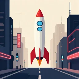 rocket standing on a street in the middle of a cyberpunk city, neon signs, beige background, minimalism, flat design, flat colors, in the style of a soviet propaganda poster