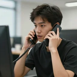 young dark haired lean methed out male making sales pitches on the phone in real life, 8 k, 4 k uhd, realistic, hyper realistic, super detailed, very detailed, detailed