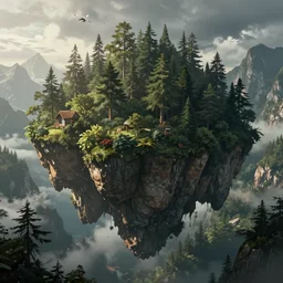floating islands over forest, mountains in background, concept art, low angle, cinematic, style of ralph mcquarrie