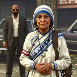 Mother Theresa as a gangster in GTA5 8k hyperdetailed photorealism ultra high quality