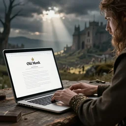 old monk, typing on a macbook, medieval style