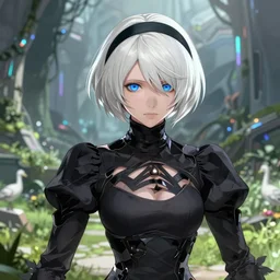 holy cyborg necromancer girl, elegant, perfect face, scifi, futuristic, utopia, garden, illustration, atmosphere, warframe, blue eyes, white hair, focused, artstation, nier automata, highly detailed, art by yuhong ding and chengwei pan and serafleur and ina wong
