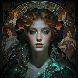stunning, breathtaking, awe-inspiring award-winning realistic concept art face portrait of mermaid Ashley Liao as a goddess of love, by Alphonse Mucha, Ayami Kojima, Amano, Charlie Bowater, Karol Bak, Greg Hildebrandt, Jean Delville, and Mark Brooks, Art Nouveau, Neo-Gothic, gothic, rich deep colors, cyberpunk, extremely moody lighting, glowing light and shadow, atmospheric, shadowy, cinematic, 8K