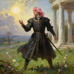 medieval noble male in noble clothes with pink hair and pink bang full body view, dramatic pose, blood on his face, photorealistic oil painting, sun in the sky, bloom, green grassy land and white marble columns in the background