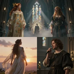 Cinematic stills from Final Fantasy and Horizon Zero Dawn 2 mashup, Gothic architecture, god rays, bloom, volumetric fog, moody ambiance, dynamic poses, diaphanous cloth, intricate jewelry, cinematic lighting, twilight, sunset, by Alphonse Mucha, by James Gurney, by Bouguereau, by Rubens, fantasy, portfolio illustration, highly detailed, trending on Artstation, CGsociety, HQ, 8k, 35mm lens, f2.8, Bokeh,
