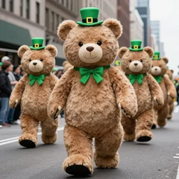 a parade of stuffed care bears marching down 5 th ave manhattan on st. patrick's day, 8 k, photo realistic, extremely life like