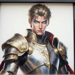beautifully painted mural of a cyborg prince in ornate royal armor, piercing glowing eyes, sci fi scenery, vogue cover poses, mural in the style of sandro botticelli, caravaggio, albrecth durer