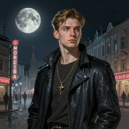 A portrait of a cyberpunk gopnik on the street of a Russian city on the moon, Norilsk, sci-fi, fantasy, intricate, very very beautiful, elegant, highly detailed, digital painting, artstation, concept art, smooth, sharp focus, illustration, art by artgerm and greg rutkowski and alphonse mucha