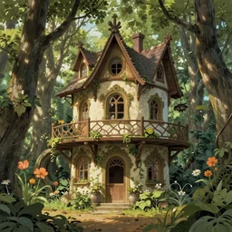 an elvish Fairy house in the Woods, fantasy, art nouveau, architecture, daylight, warm light, spring, studio ghibli, Moebius, alphonse mucha, siya oum, ultra detailed, High definition, Sharp