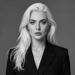 black and white - portrait of a woman wearing black business suit, english face, refined features, moon goddess, long snow - white hair by jean gerome, edward hopper and jenny saville and james jean, hyper detail, 8 k, high resolution, ultra detailed