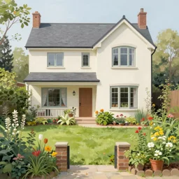 a painting of a garden with a house in the background, a detailed matte painting by shin yun - bok and by the brothers hildebrandt and by thomas kinkade and by charles ginner and by naoko takeuchi, featured on deviantart, arts and crafts movement, detailed painting, enchanting, official art