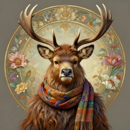 symmetry! portrait of antlered chewbacca deer wearing a colorful scarf!, flowers, intricate, elegant, highly detailed, digital painting, artstation, concept art, smooth, sharp focus, illustration, art by artgerm and greg rutkowski and alphonse mucha, 8 k