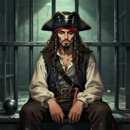 aesthetic digital portrait of a pirate wearing a ball and chain by miyamoto and alex horley - orandelli, sitting in a prison, centered, deviantart