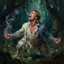 fantasy painting of Brad Pitt, roaring, magical marks and glowing magical wisps, dark forest in background, painted by greg rutkowski and andreas rocha