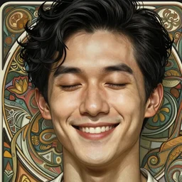 A pregnant Asian man with closed eyes smiling, very detailed sharp angular pale masculine face, square jaw, wavy hair, black hair, gorgeous, beautiful, intricate, highly detailed, digital painting, artstation, concept art, sharp focus, illustration, art by Greg Rutkowski and Alphonse Mucha