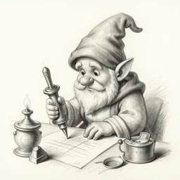 sketch of a chibi dnd gnome wizard who is an inventor, etching by louis le breton, 1 8 6 9, 1 2 0 0 dpi scan