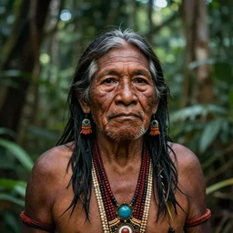 a portrait of an indigenous amazonian elder in the jungle, art by midjourney
