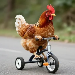 chicken with a pompadour riding a tricycle