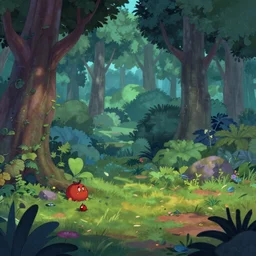 a clearing in a forest, Disney cartoon, animation, high detail, colorful