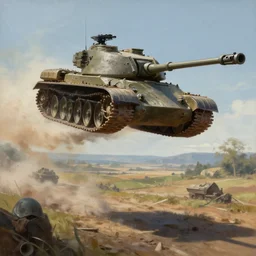 a painting of a tank flying over the battlefield by Krenz Cushart, high detail, concept art, artstation, 8k