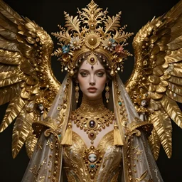a fashion portrait render of a fallen angel veiled with symmetry intricate detailed,dramatic headdress with intricate fractals of flowers,tassels,by Daveed Benito and Lawrence Alma-Tadema and Billelis and Enchanted doll and aaron horkey and peter gric,trending on pinterest,hyperreal,jewelry,gold,intricate,maximalist,golden ratio,cinematic lighting