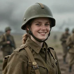 teenage female ww 2 soldier, smiling, digital portrait by greg rutkowski, intricate, sharp focus, cinematic, epic, artstation