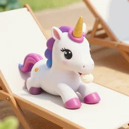 a unicorn eating an ice cream on a sun bed