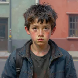 complementary colours, painted portrait of homeless runaway teenager begging on the street by ruan jia greg rutkowski, uncempt hair, clear face homeless fantasy intricate elegant detailed digital painting, concept art artstation sharp focus illustration