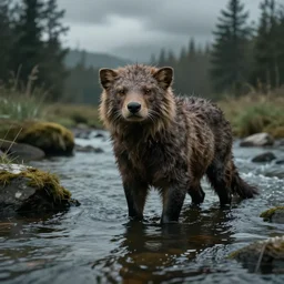 a strange animal standing in the river, movie still