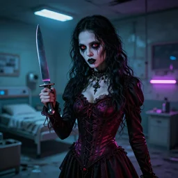 Gothic girl holding a knife and standing on an abandoned hospital room,horror sccene, illustrated by Greg Rutkowski and Gaston Bussiere, 35mm lens, beautiful macro close-up imagery, vibrantly lush neon lighting, beautiful volumetric-lighting-style atmosphere, a futuristic atmosphere, intricate, detailed, photorealistic imagery, trending on artstation, 4k, 8k