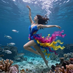 beautiful woman with gorgeous eyes and high cheekbones dancing underwater wearing a flowing dress made of blue, magenta, and yellow seaweed, delicate coral sea bottom, swirling silver fish, swirling smoke shapes, octane render, caustics lighting from above, cinematic, hyperdetailed