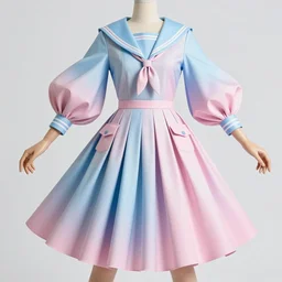 designer figure collection ball shaped accordion sleeve haute couture, sailor uniform, midi skirt, coat pleats, synthetic curves striking pose, dynamic folds, cute pockets, volume flutter, youthful, modeled by modern designer bust, body fit, award fashion, picton blue, petal pink gradient scheme, light holographic tones, expert composition, high detail, professional retouch, editorial photography
