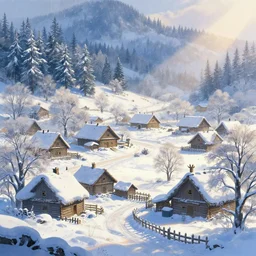 Beautiful detailed high quality illustration of an old Slavic village, beautiful forest on background::vibrant winter, romantic mood, morning sunlight::art by Ghibli Studio, League of Legends, Arcane, Wild Rift, trending on artstation