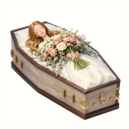 an elaborate coffin with a mysterious sleeping beauty holding a large bouquet of flowing flowers, hands hidden under the bouquet, top view, fantasy, regal, intricate, by stanley artgerm lau, greg rutkowski, thomas kindkade, alphonse mucha, loish, norman rockwell