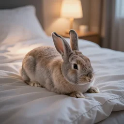 a photo of a rabbit flop on white cozy bed, realistic, ultra detailed, trending on artstation, lamp lighted, midnight