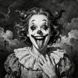 By Tom Bagshaw, ultra realist soft painting of a curiosities carnival by night, Female Clown big smile long tongue dirty teeth and dressed, horror, omnious sky, symmetry accurate features, very intricate details, black and white, volumetric light clouds