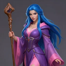 Portrait of alluring wizard lady, purple and pink robes, long Blue hair, wooden staff, high fantasy, matte painting, dnd, Artstationhd, artstationhq