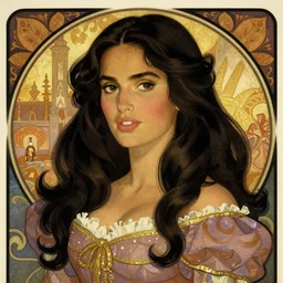 salma hayek as esmerelda from the hunchback of notre dame, portrait, mucha style
