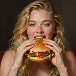 portrait of gwynneth paltrow biting a giant hamburger eating a big mac hamburger with extra ketchup and mustard lettuce and tomato, divine feminine ethereal light, highly detailed, lifelike, photorealistic, digital painting, artstation, illustration, smooth, sharp focus, art by collier, albert aublet, krenz cushart, artem demura, alphonse mucha