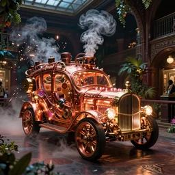 A glowing electrical Steampunk car in a victorian museum, james gurney, cinematic lighting, lots of steam and sparks, wires made of copper, artstation, vibrant nature, Tuomas Korpi, tekkon kinreet, volumetric light, artstation, , octane render, redshift render, low angle camera, rich deep moody colors