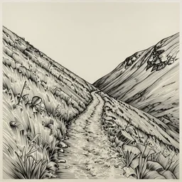 mountain trail by dan mumford and peter doig and edward hopper, symmetrical, minimal, black ink, thick lines highly detailed, muted colours 8 k
