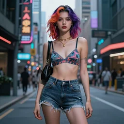 fashion photography, gorgeous woman with colorful hairs wearing bra and shorts streetwear, cyberpunk city street, costume design, illustration, cinematic color grading, hyperrealism, trending on artstation, detailed, intricate, elegant, vfx, postprocessing, octane render, 8 k, by charlie bowater