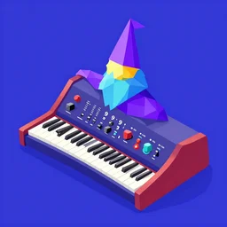 wizard of analog synthesizer 2 6 1 9 5 1 1 9 7 5, technicolor, low poly, isometric
