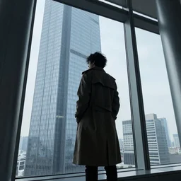 A person in a trench coat looking out the window of a modern skyscraper in Bloodborne