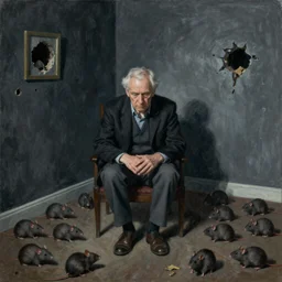 an old man existential crisis in a dark room full of dispair and rats and holes, painted by Frank Auerbach and Francis Bacon