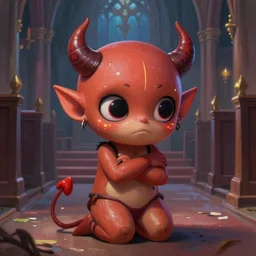 an adorable little demon with very wide pleading eyes on its knees in a church, huggy wuggy from poppy playtime video game, neon face paint, button nose, adorable, striking eyes, fullbody, ultra high detailed, oil painting, greg rutkowski, charlie bowater, yuumei, yanjun cheng, unreal 5, daz, hyperrealistic, octane render, rpg portrait,